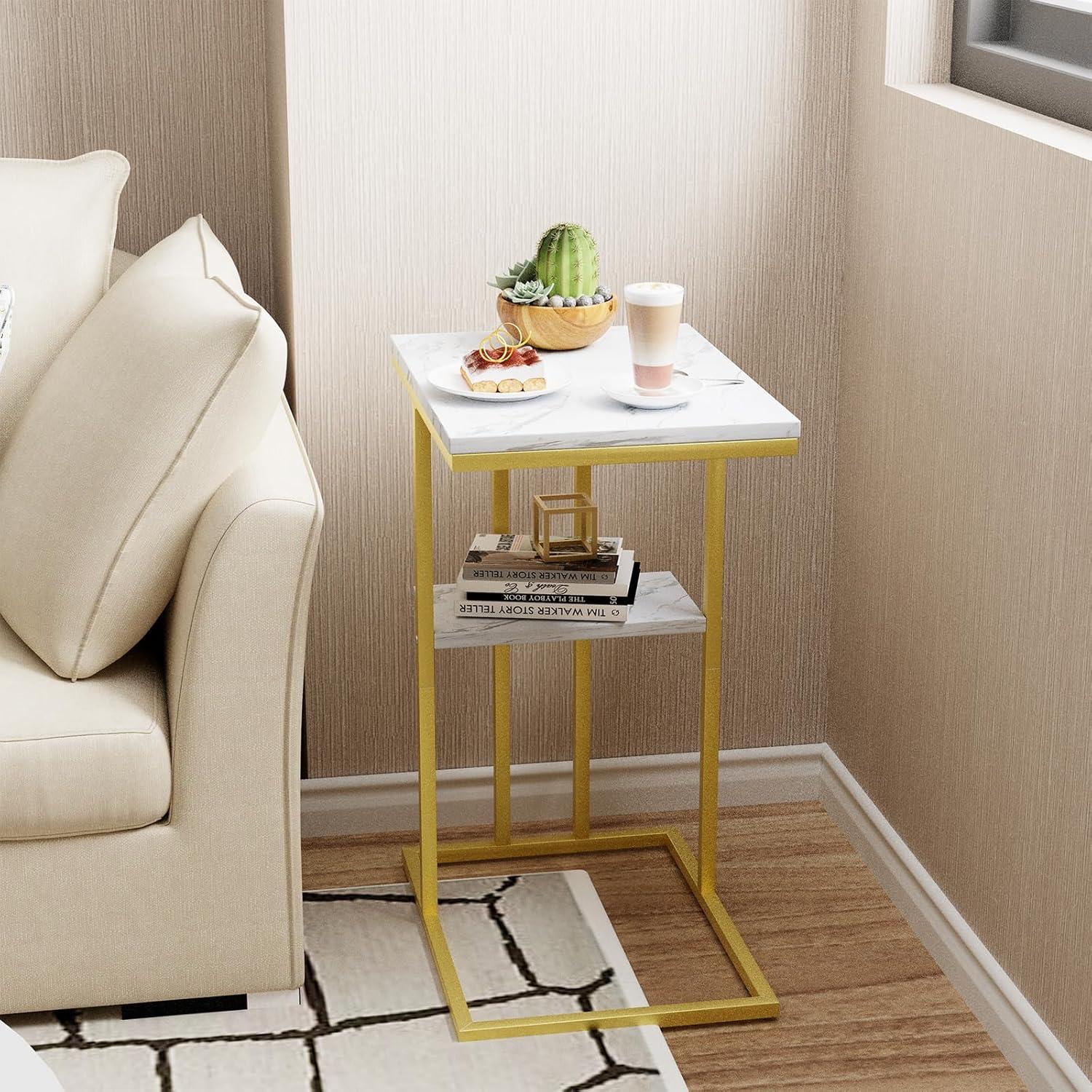Kleiner C-Form Beistelltisch Holzoptik Weiß 2 Ebenen Bett Sofa