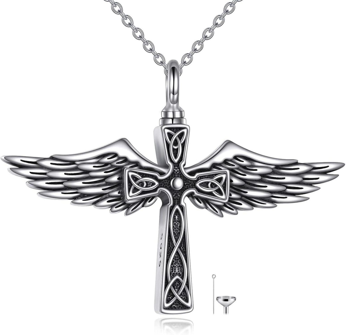 Kreuz Engelsflügel Urnenhalskette aus 925 Sterling Silber