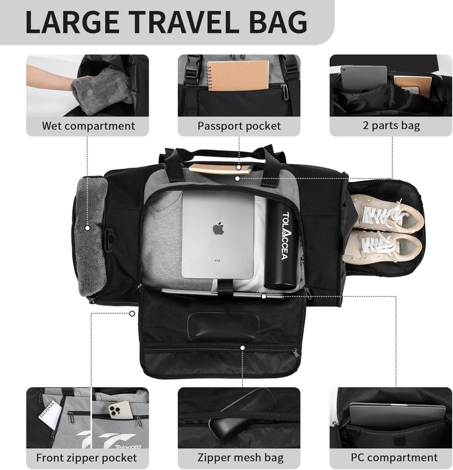 Erweiterbare Reisetasche 54-72L Weekender Sporttasche groß mit Schuhfach Nassfach Grau