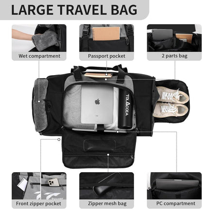Erweiterbare Reisetasche 54-72L Weekender Sporttasche groß mit Schuhfach Nassfach Grau