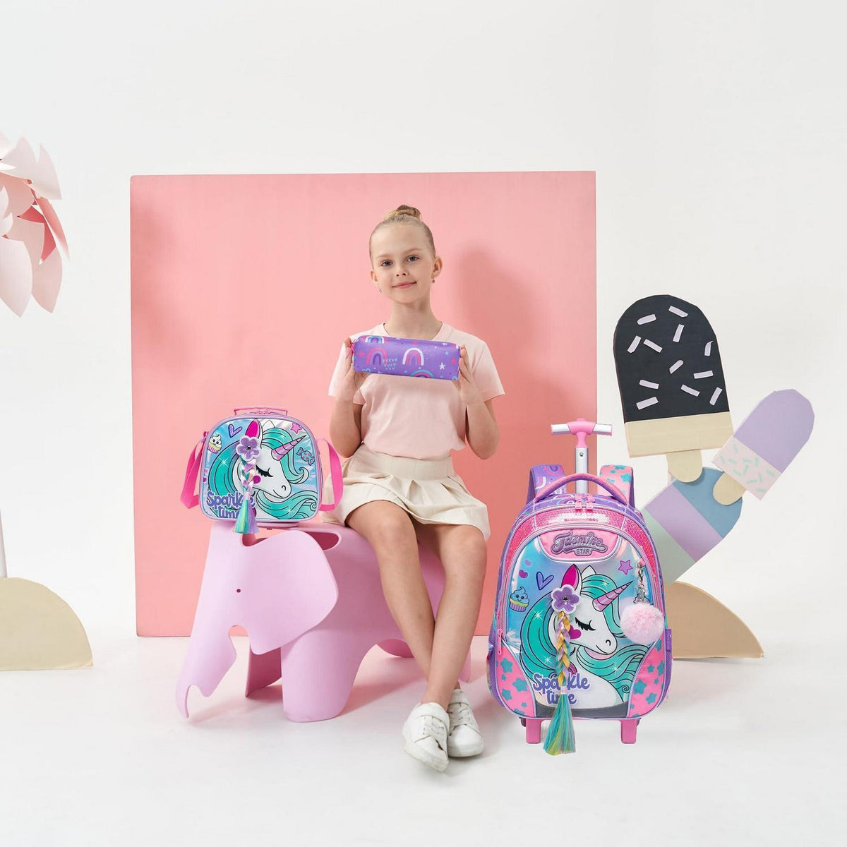 Schulranzen Trolley Mädchen mit Rollen, Federmäppchen & Lunchtasche