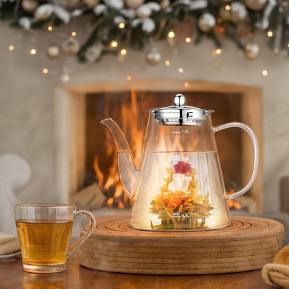 Teekanne Glas 1,5L mit herausnehmbarem Sieb für losen Tee