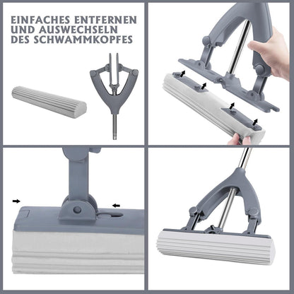 Wischmopp Set mit Eimer und 3 Schwamm Wischkopfs für Parkett und Fliesen