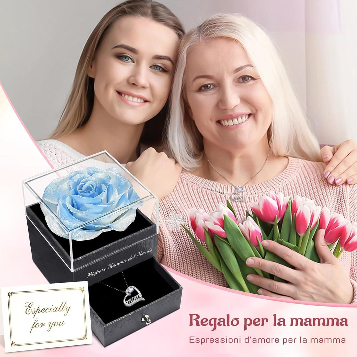 Ewige Rose mit Mama Halskette, 925 Sterlingsilber, Muttertagsgeschenk