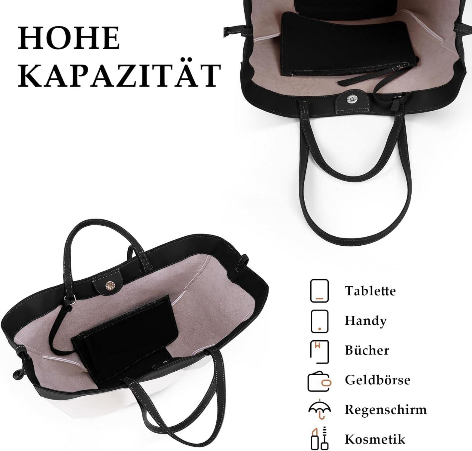 Große Tote Bag Kunstleder Damen Shopper Schultertasche Schwarz