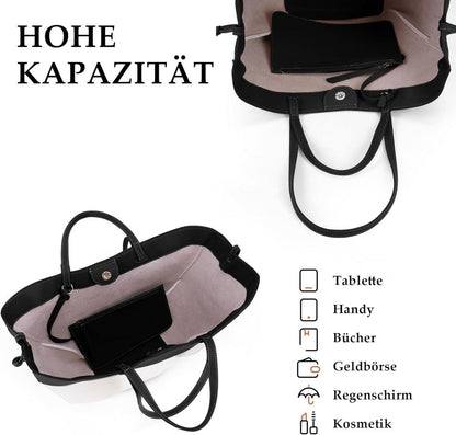Große Tote Bag Kunstleder Damen Shopper Schultertasche Schwarz