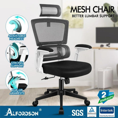 Ergonomischer Bürostuhl Weiß, Verstellbare Kopfstütze, Armlehnen