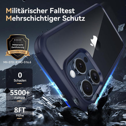 360 Grad iPhone 15 Pro Max Hülle mit Glas Schutzfolie - Blau