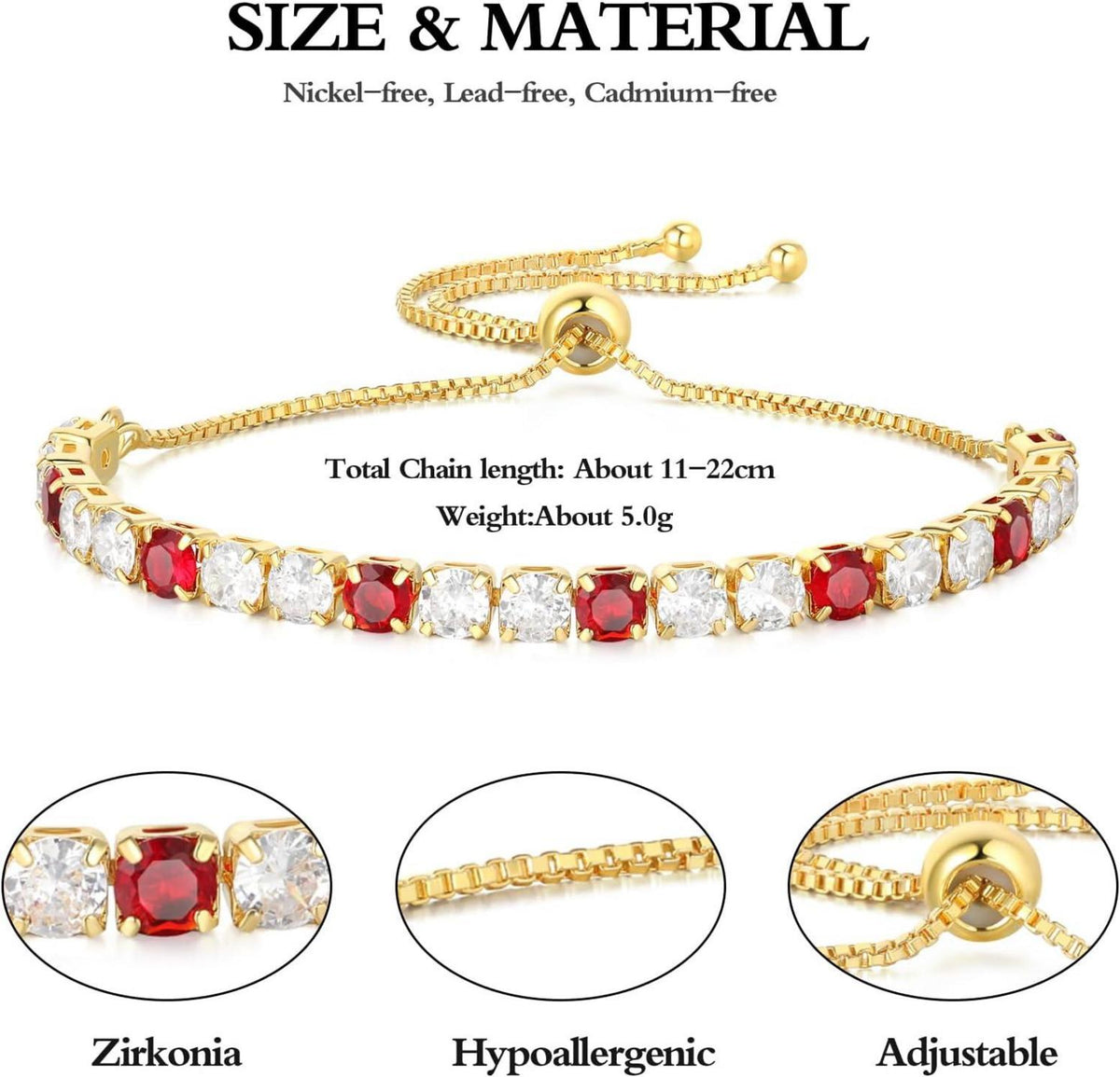 GW Tennisarmband Damen Glitzer Verstellbar Gold Rot Zirkonia