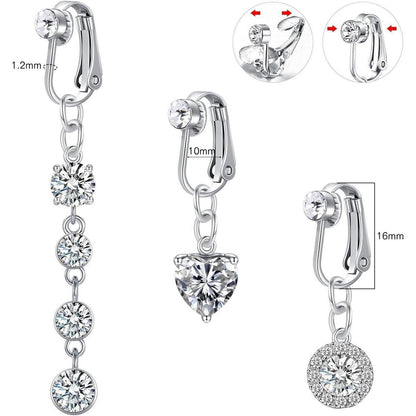 3er Set Silber Fake Bauchnabelpiercing CZ Herz Kristall