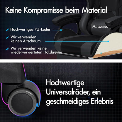 Ergonomischer Bürostuhl mit Massage-Lendenkissen, Fußstütze, Grau
