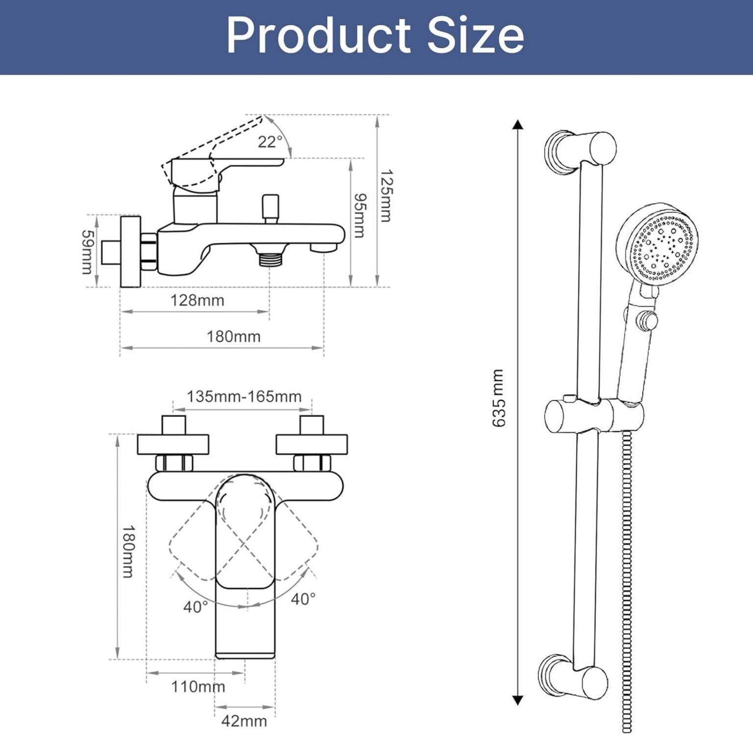 Jacurley Badewannenarmatur Duschset, Mischbatterie Badewanne Brausegarnitur, Duschsystem Wannenarmatur, 635mm Duschstange, Chrom