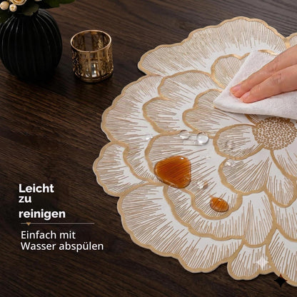 Goldene Platzsets 6er Set – Abwaschbare Pfingstrosen Tischsets 38cm