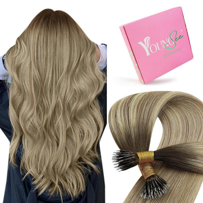 Echthaar Nanoring Extensions Balayage Braun Blond 50cm