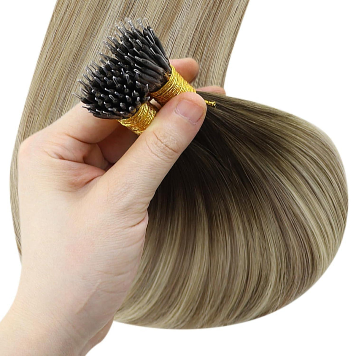 Echthaar Nanoring Extensions Balayage Braun Blond 50cm