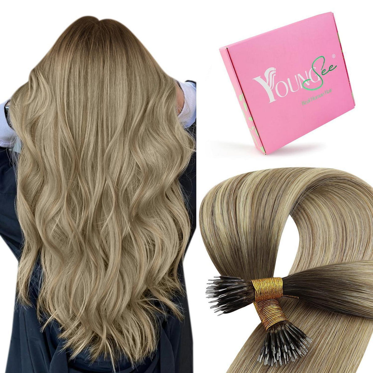 Echthaar Nanoring Extensions Braun Balayage Blond 55cm
