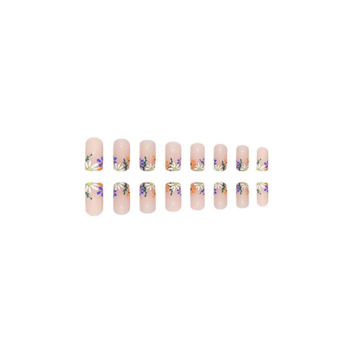 24er Set Weiß Blumen Eckig Nägel Aufkleben Design Glossy Kunstnägel