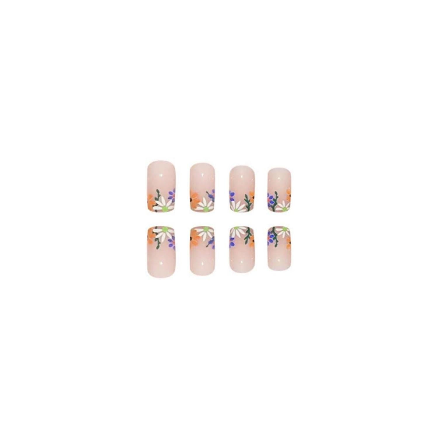 24 Stück Weiß Blumen Eckig Nägel Zum Aufkleben KurzGLOSSY French Nails Women