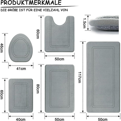 5-teiliges Badezimmerteppich Set Grau – Weiche Memory Foam Matten