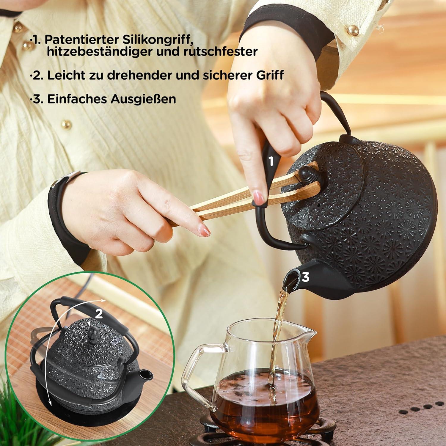 Gusseisen-Teekanne 950ml japanisches Kirschblütenmuster Teekessel 32oz Grün