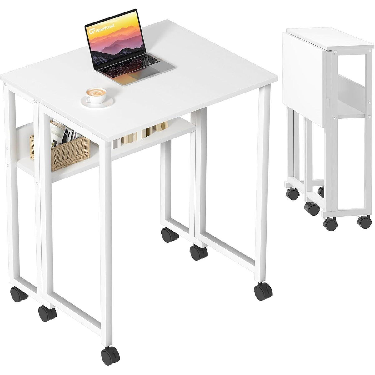 Klapptisch mit Rollen 80cm, Stauraum, Weiß