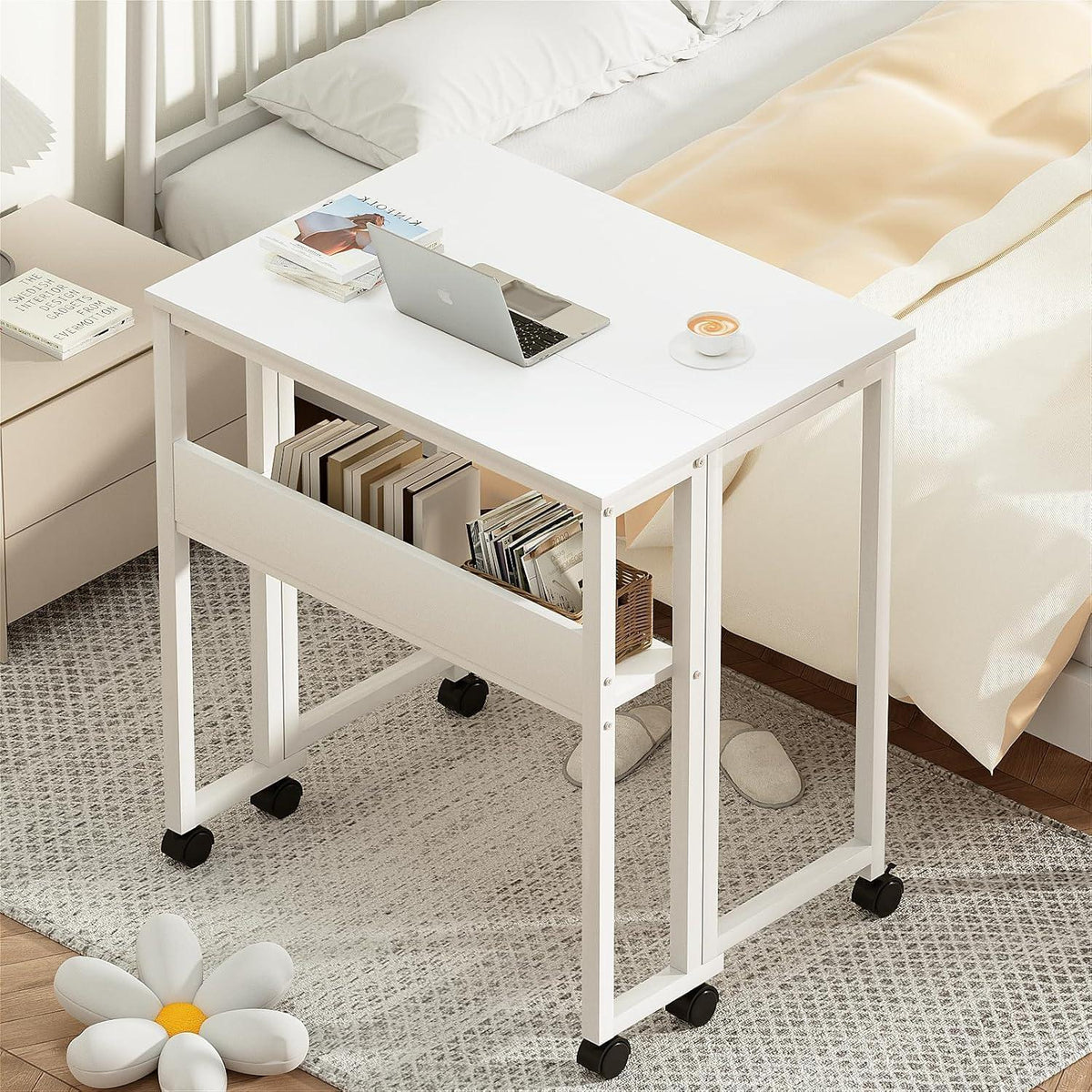 Klapptisch mit Rollen 80cm, Stauraum, Weiß
