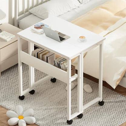 Klapptisch mit Rollen 80cm, Stauraum, Weiß