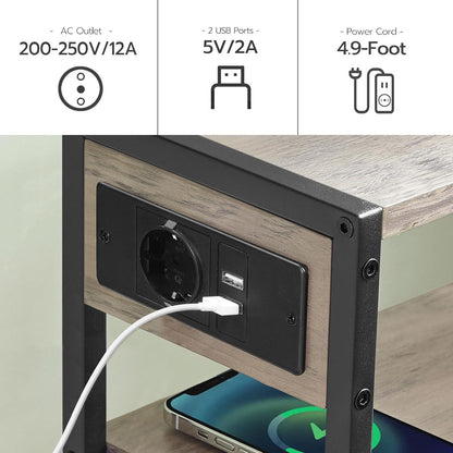HOOBRO Beistelltisch mit Steckdosenleiste und USB, 3-stufiger Nachttisch mit Zeitschriftenhalter für Wohnzimmer und Schlafzimmer