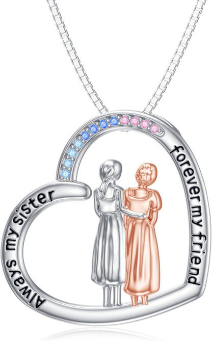 925 Sterling Silber Schwester Herz Anhänger Halskette Zirkon