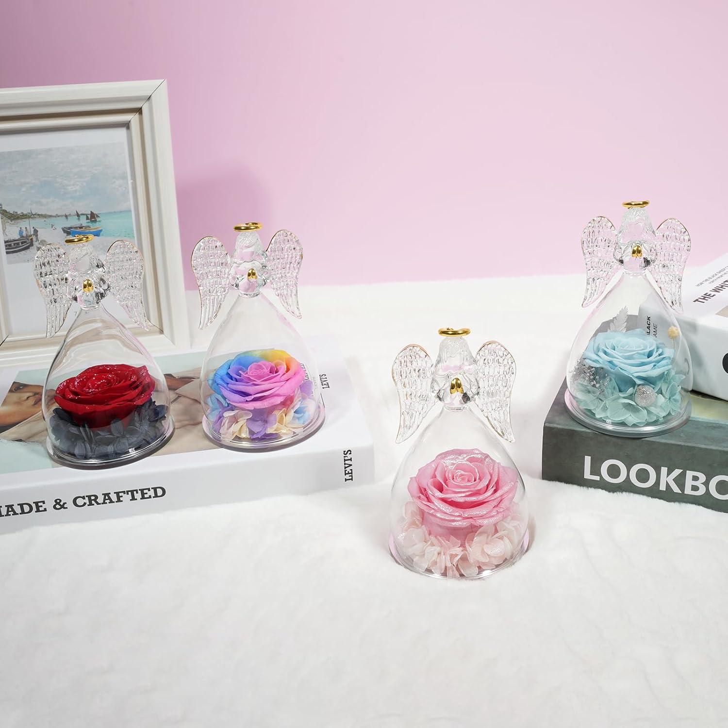 Ewige Rose Engel Figur Geschenkbox Blaue Ewige Blume Glaskuppel