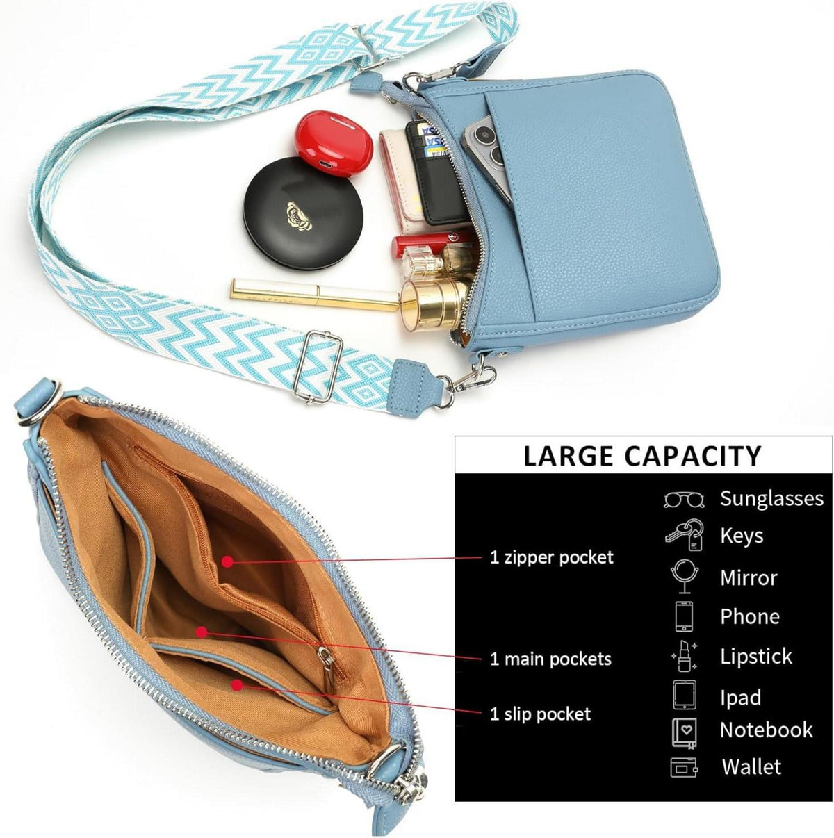 YISUOHOOM Damen Handtasche Crossbody Umhängetasche Mehrere Fächer Blau