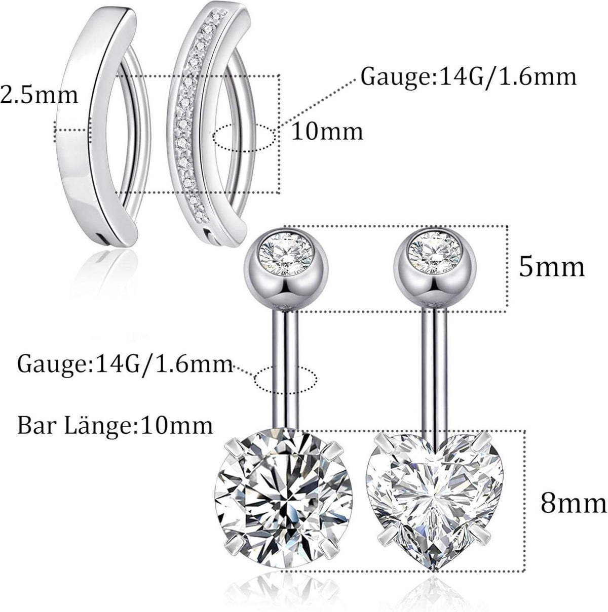 Bauchnabelpiercing Set 316L Chirurgenstahl 14G Zirkonia Herz 10mm
