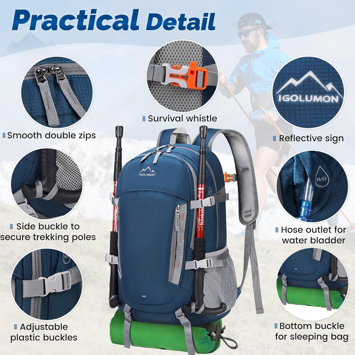Wasserdichter Wanderrucksack 40L Blau für Outdoor-Aktivitäten
