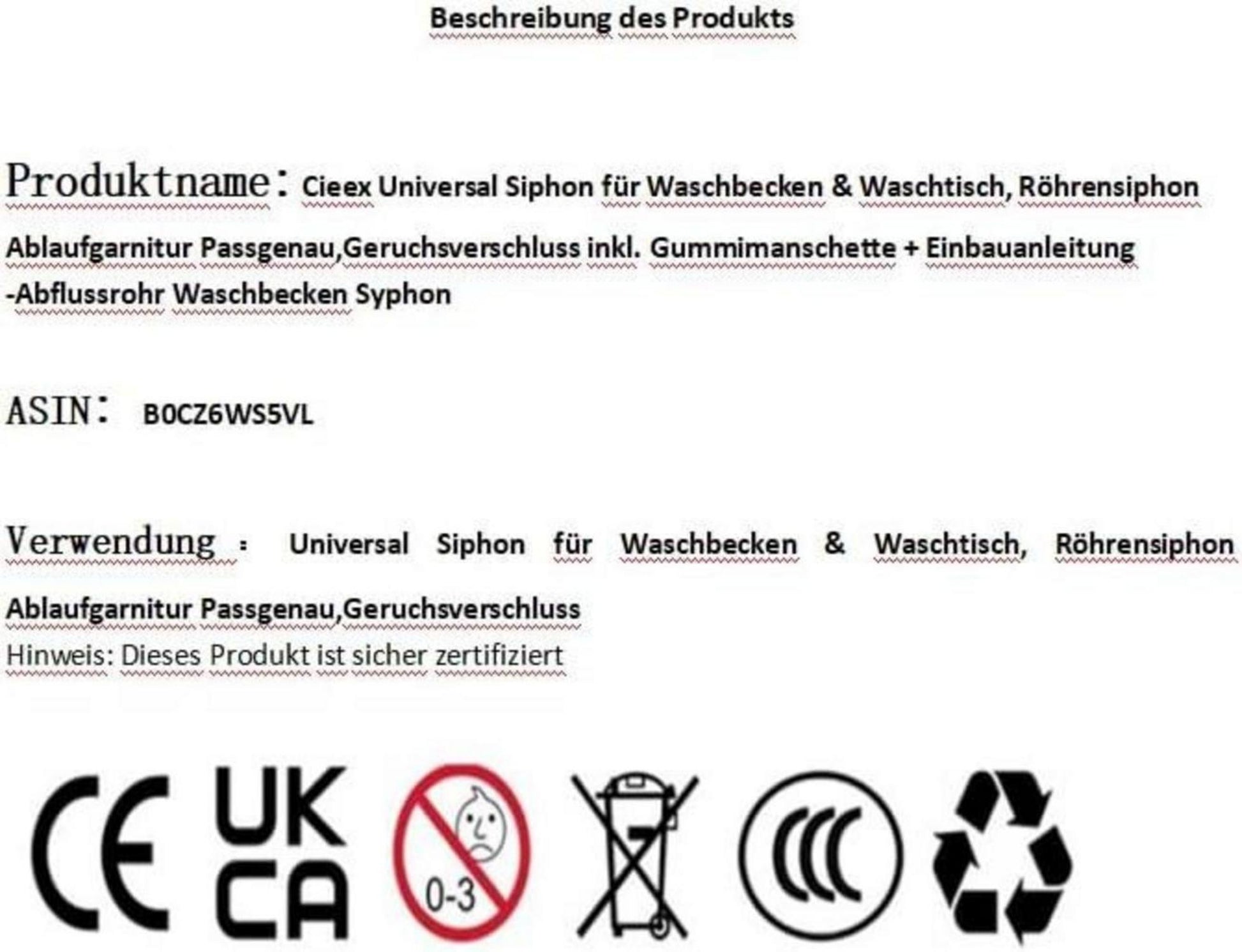 Universal Siphon für Waschbecken & Waschtisch, Ablaufgarnitur Geruchsverschluss inkl. Gummimanschette