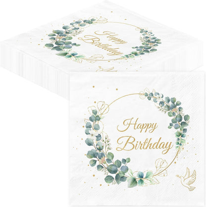3-lagige Happy Birthday Servietten, Eukalyptus Grün, 40 Stück