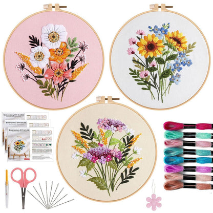 3er-Set Stickerei für Anfänger mit Blumen & Zubehör