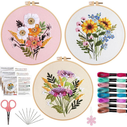 3er-Set Stickerei für Anfänger mit Blumen & Zubehör