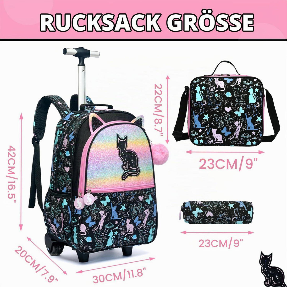 Schulranzen mit Rollen für Mädchen – Set mit Lunchtasche & Federmäppchen