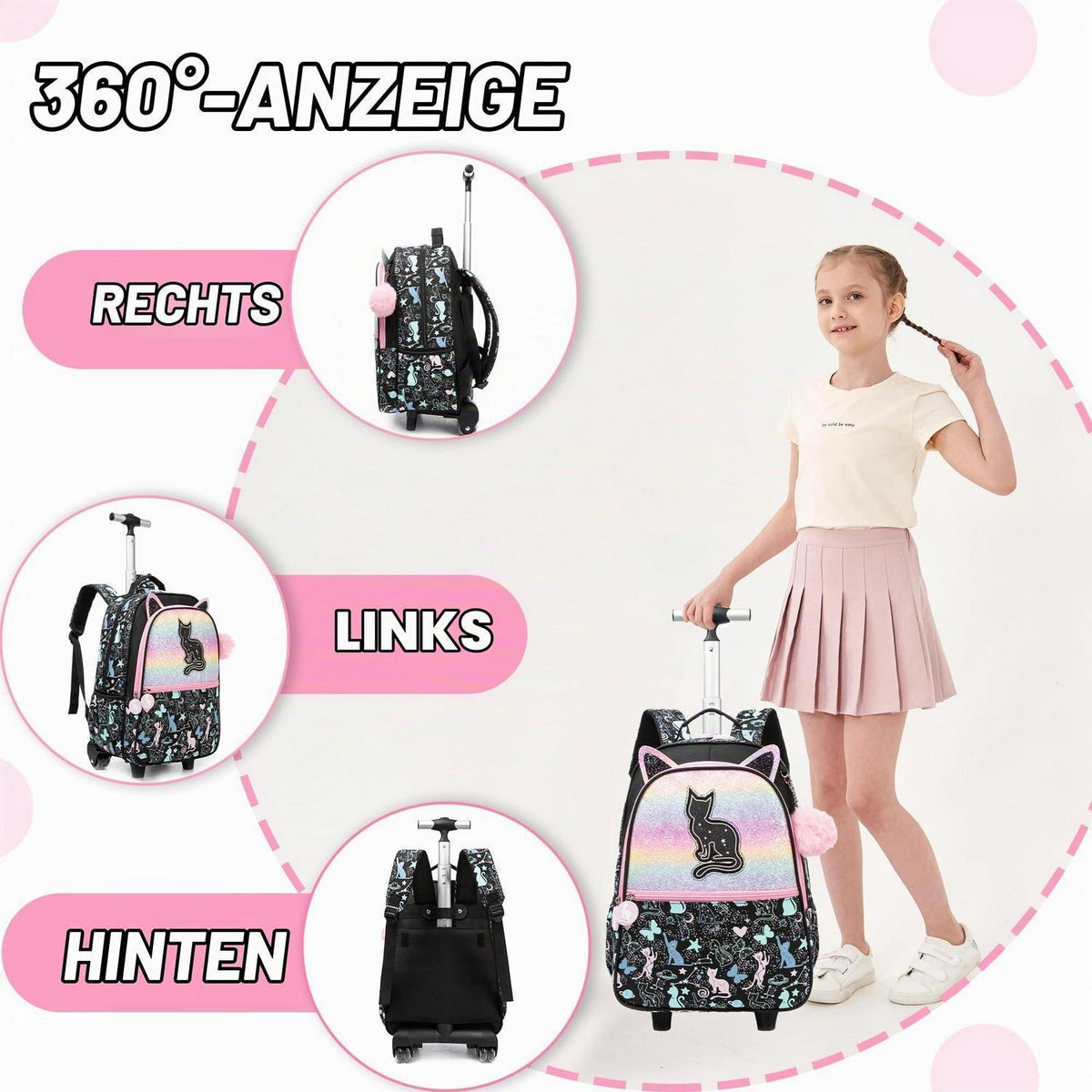 Schulranzen mit Rollen für Mädchen – Set mit Lunchtasche & Federmäppchen