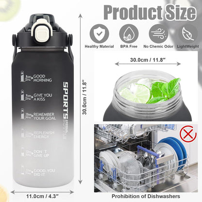 Große Sport Trinkflasche 2L mit Strohhalm Früchtebehälter