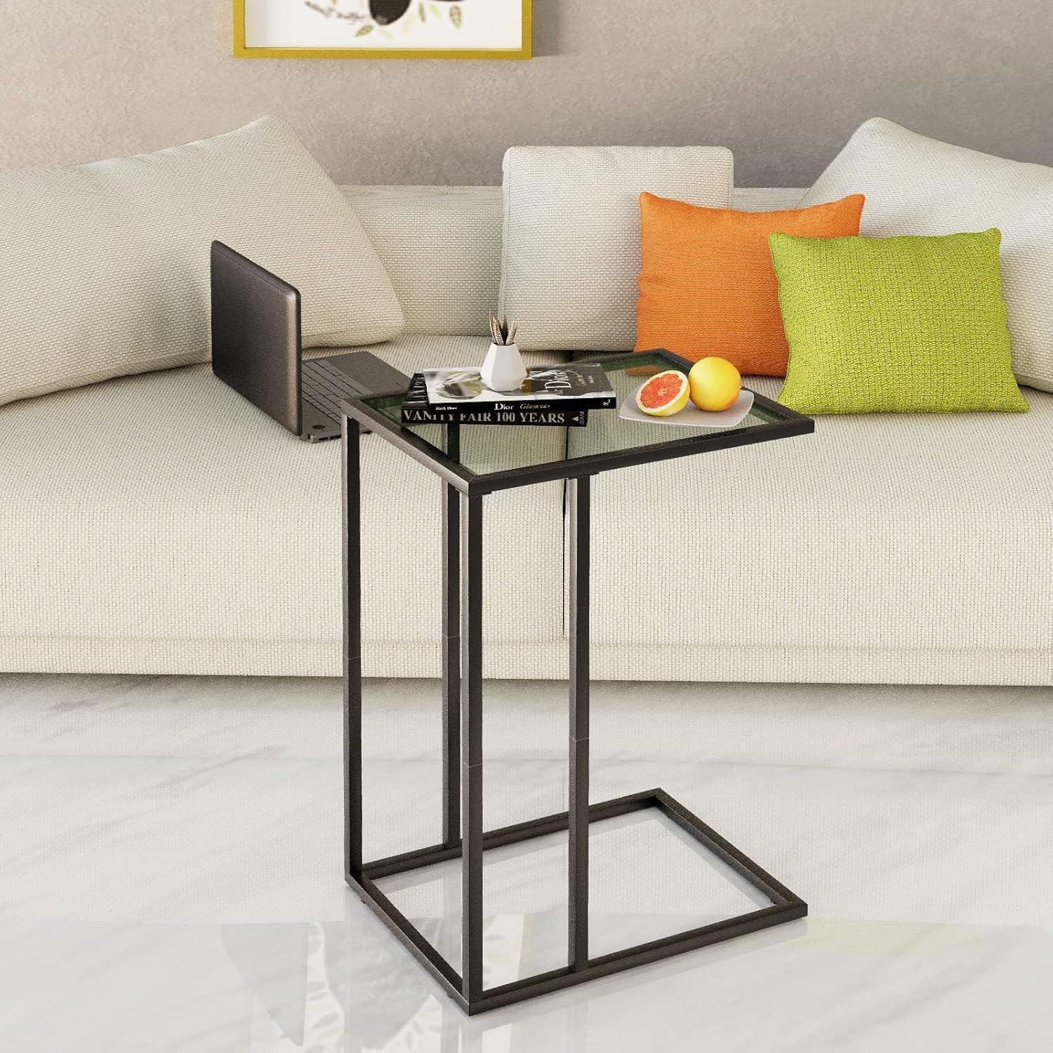 Moderner Glas-Beistelltisch Set C-förmig Metallrahmen Schwarz