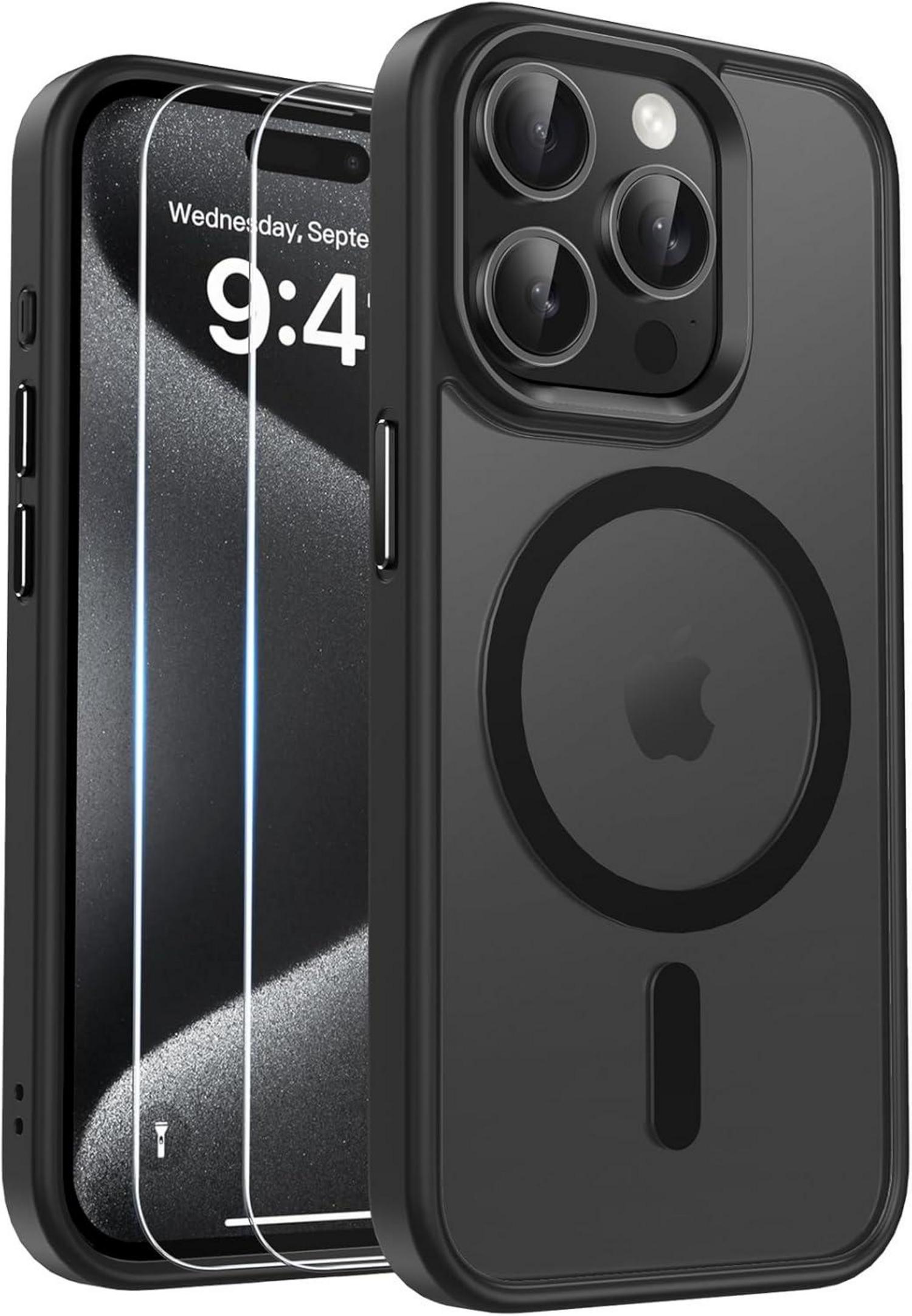 iPhone 15 Pro Max Magnetische Stoßfeste Hülle Transluzent Matt Schwarz
