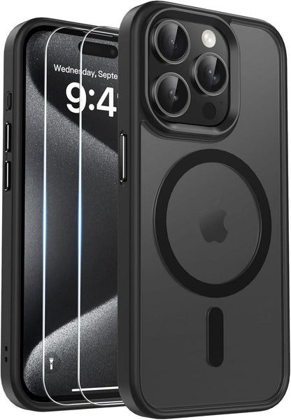 iPhone 15 Pro Max Magnetische Stoßfeste Hülle Transluzent Matt Schwarz
