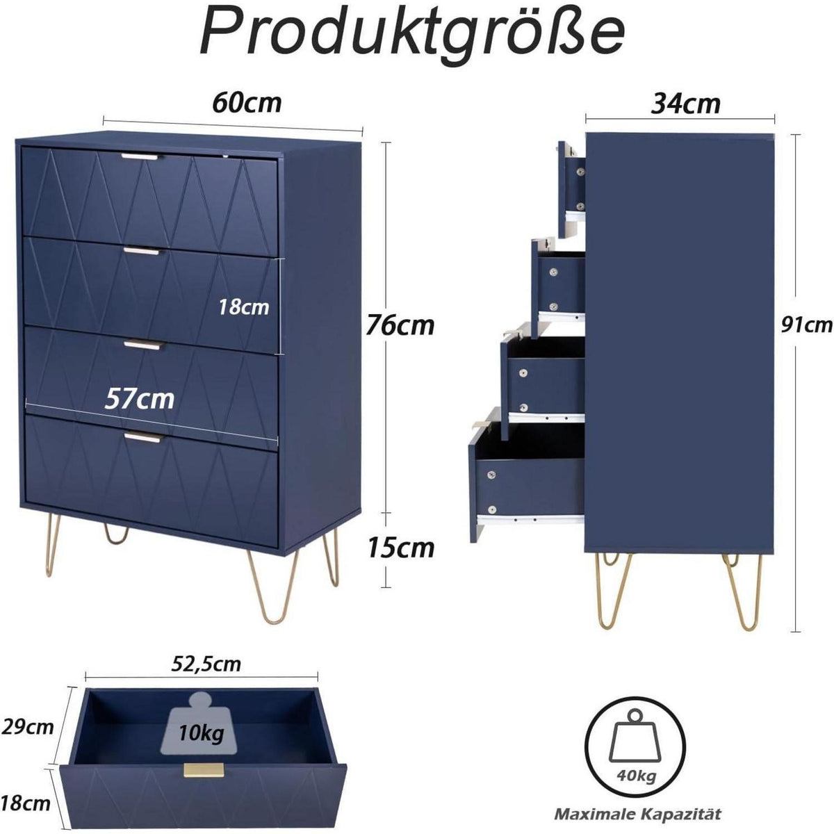 Blaue Kommode mit 8 Schubladen – Schlafzimmer Möbel Holz Optik
