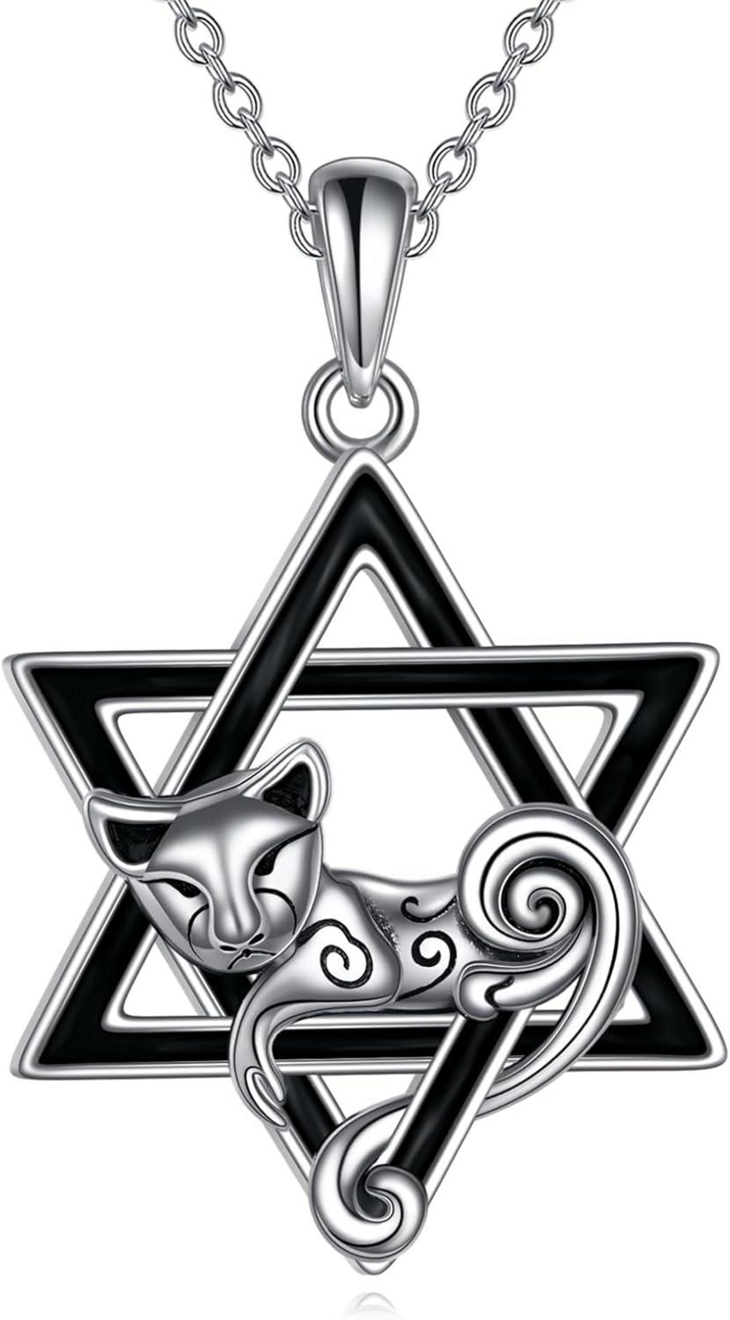 Davidstern Katzenhalskette Sterling Silber Jüdischer Anhänger Wiccian