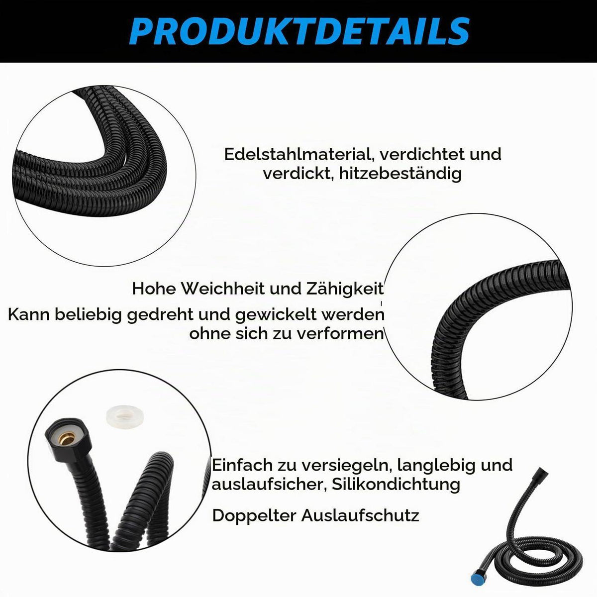 Duschschlauch Schwarz 2m Edelstahl Universal 1/2" Anschluss