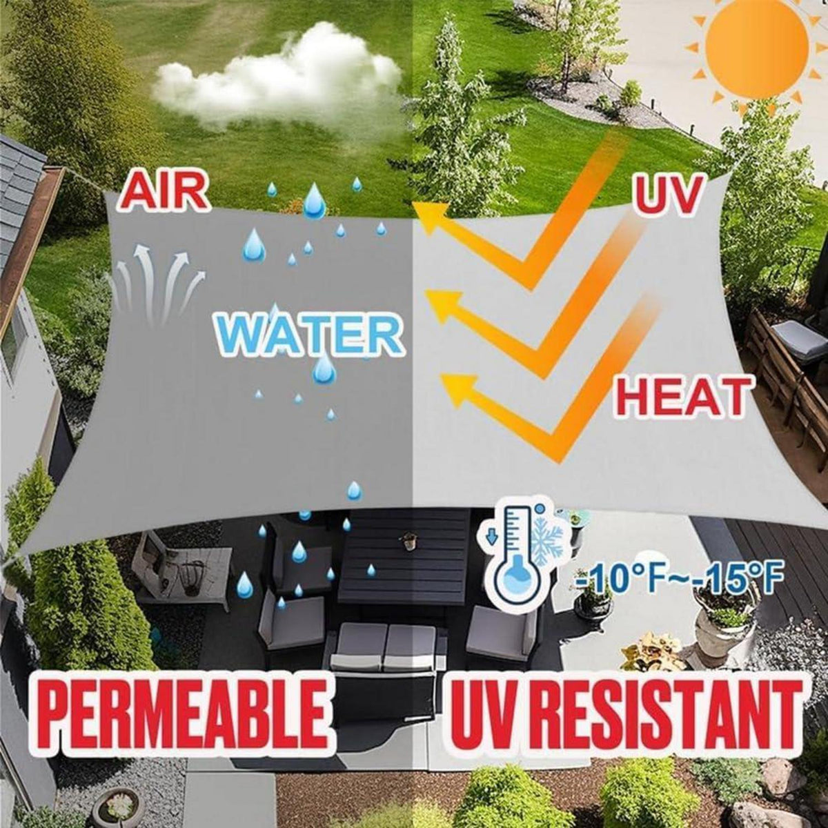 Sonnensegel Rechteckig 2x3m Wasserdicht mit Befestigungsset Grau