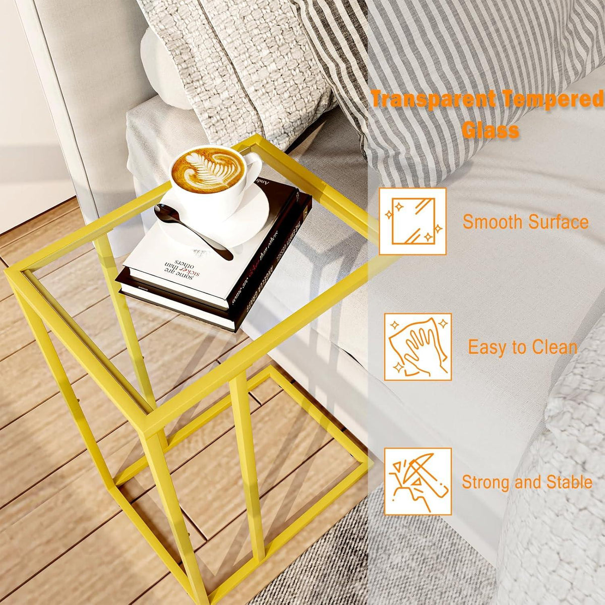 Couchtisch C-Form Glas golden 2er Set - Beistelltisch Sofa Bett Laptop Tisch