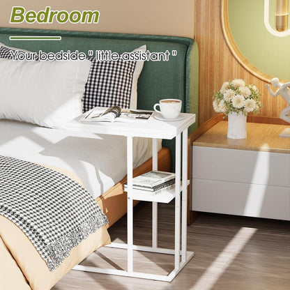 C-Förmiger Beistelltisch Holzoptik Weiß 2 Ablagen TV Sofa Bett Laptop Tisch