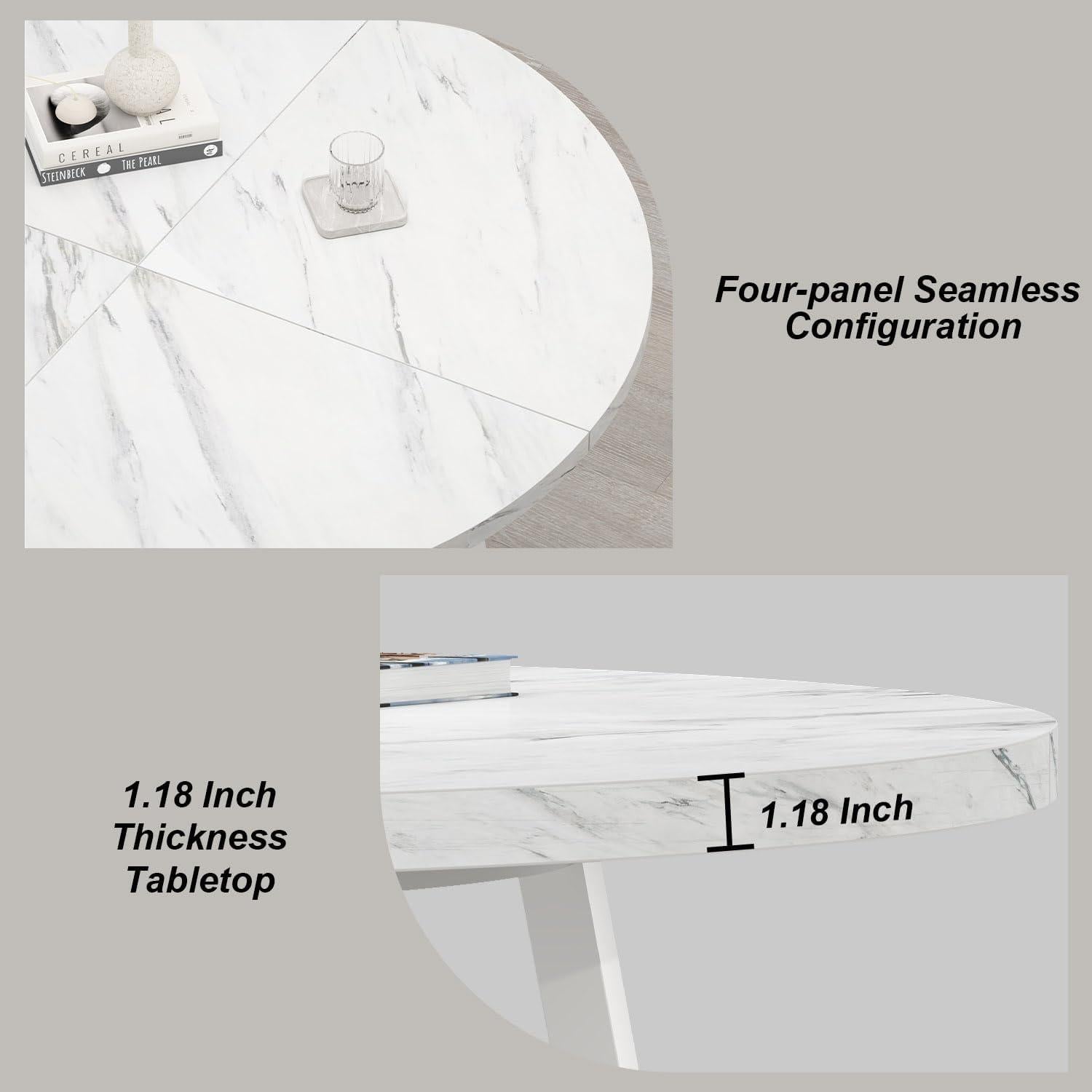 Runder Esstisch Kunstmarmor weiß 130 cm, Küchentisch 4–6 Personen, Mid-Century Podest